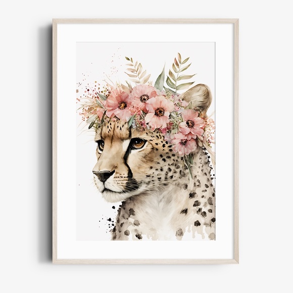 Cute Floral Cheetah Watercolor Wall Art Illustration Print Poster Card Unframed - Picture 2 of 8
